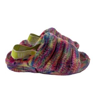 UGG Fluff Yeah Platform Slippers Women 9 Pink Tie Dye Shearling Slingback‎